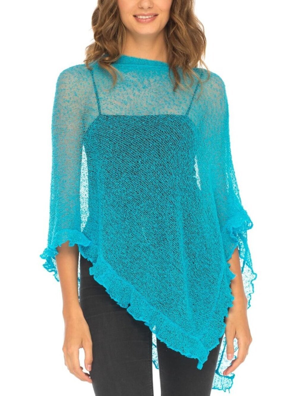 Women’s Torquise Sheer Knit Poncho Shrug Lightweight Asymmetrical Ruffle Wraps
